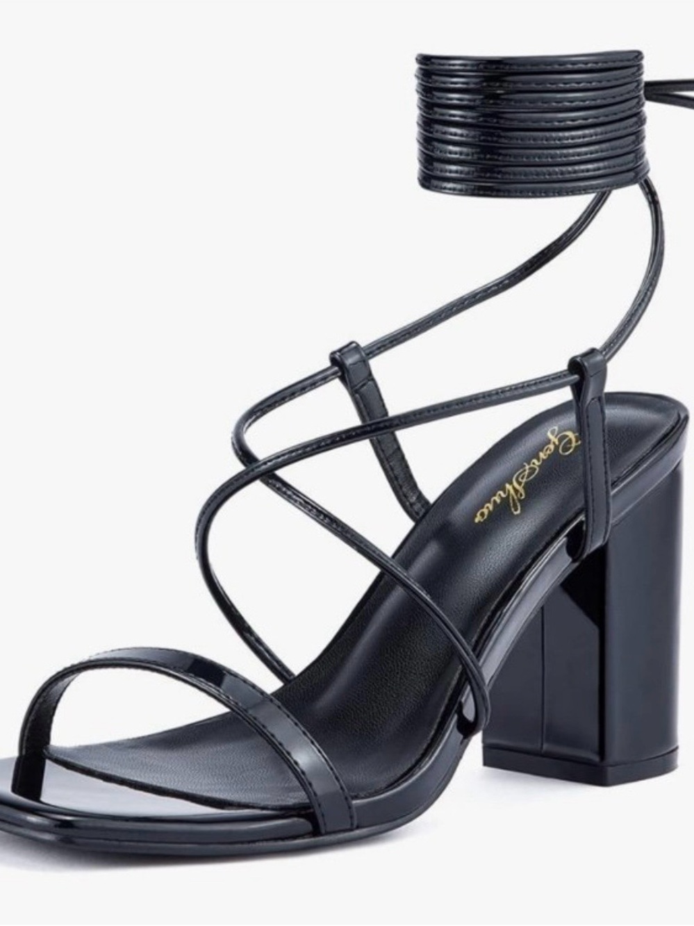 Strappy Black Block Heel Sandals with Wrap Ankle Tie